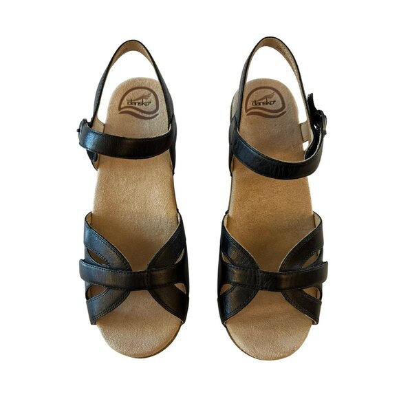 Dansko Black Leather Sandal Wedges With Adjustable Straps EU Size 39 US 8.5 - Picture 1 of 9